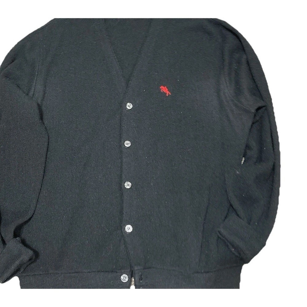 Vintage Steeplechase XL Black Button Front Cardigan Sweater Red Logo Long Sleeve